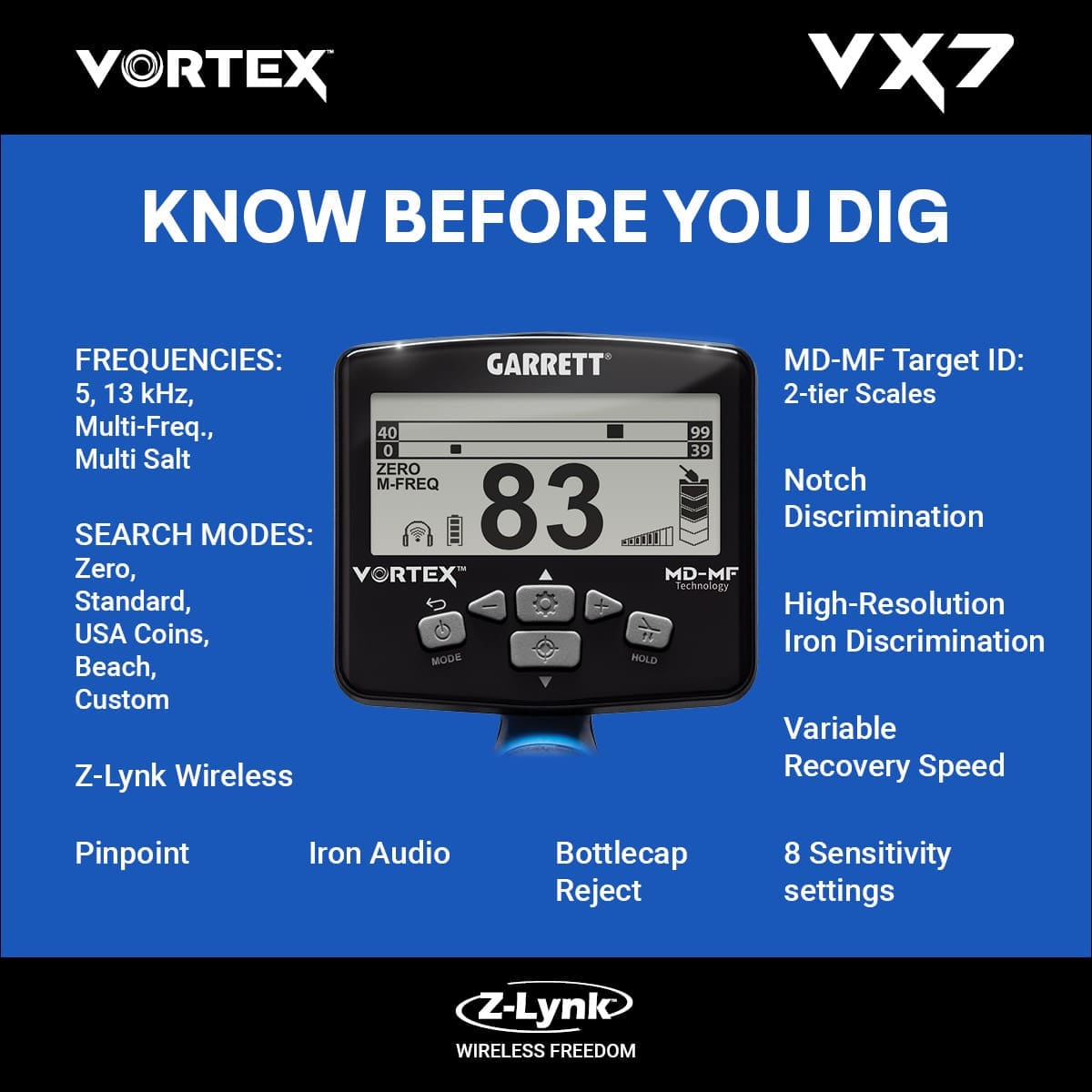 Gaziantep Garrett Vortex VX7 Dedektör - VX7 hedef ID ekranı, iki katmanlı MD-MF okuma ile demir ve iletken hedefleri ayırmaya yardım eder.
